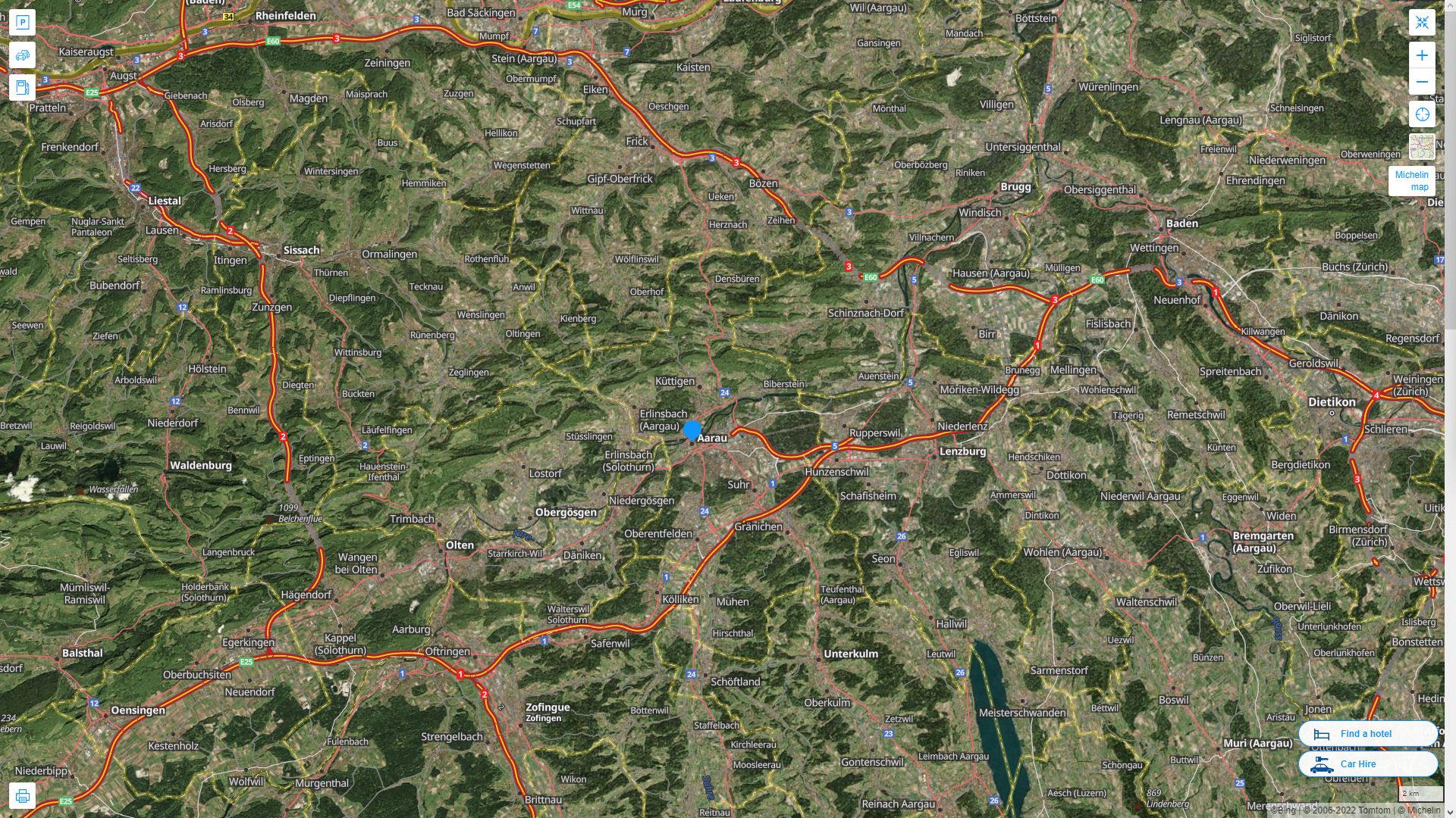 Aarau Suisse Autoroute et carte routiere avec vue satellite